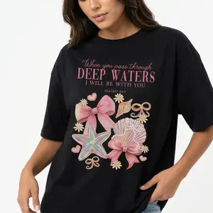 Isaiah 43:2 Christian Shirt Women Coastal Graphic Tee Plus Size Bible Verse Faith Top