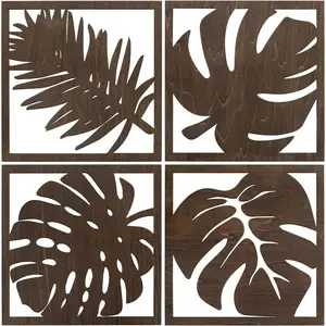 Tropical Wooden Wall Art Decor Set, Plant Palm Leaf Cutout Frame (), Perfect for Living Room, Office, Bar, 2D Flat Design