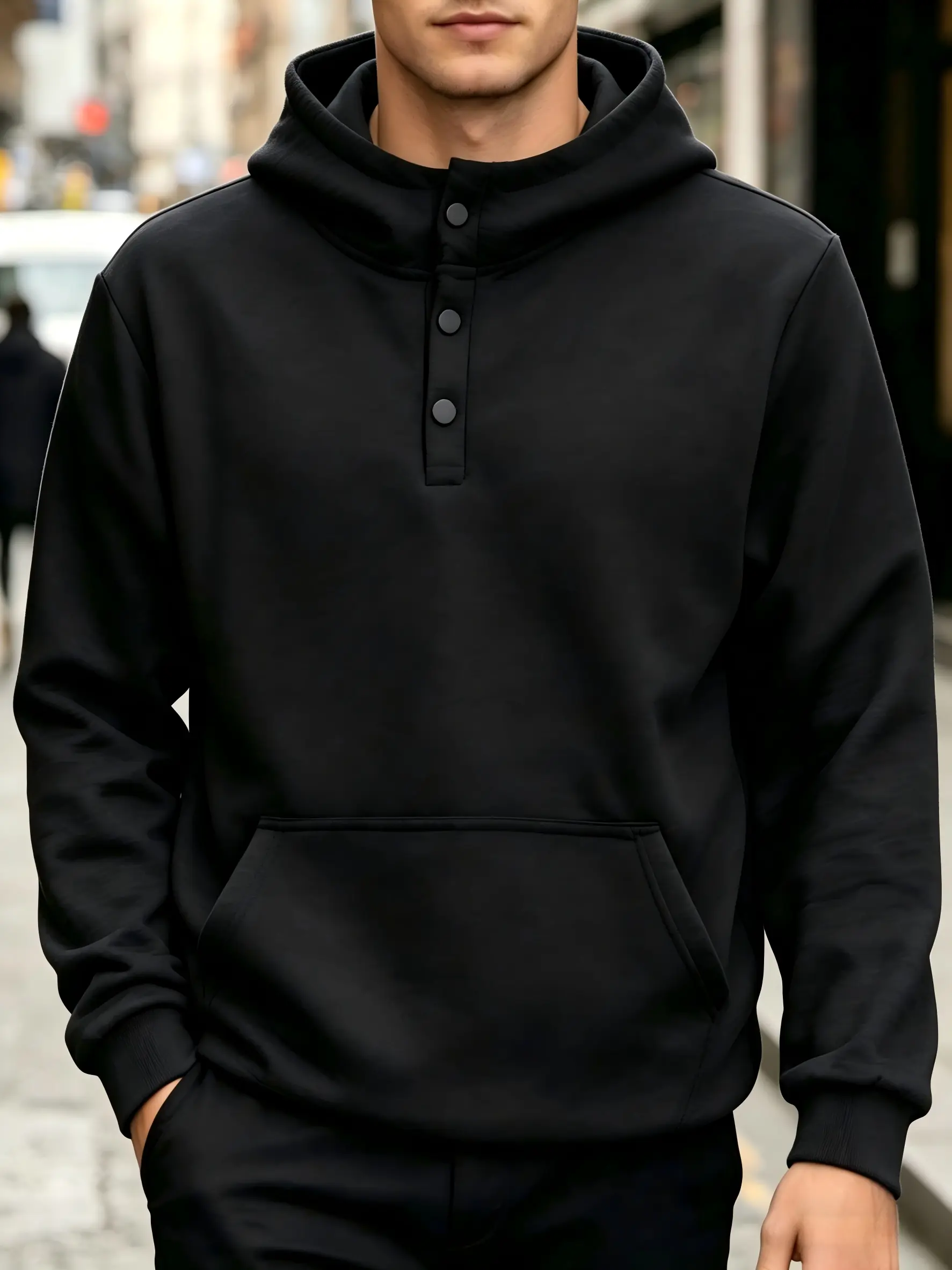 Men's Plain Fleece-Lined Hoodie - Casual Pullover Sweatshirt with Minimalist Cross Graphic, Kangaroo Pocket for Outdoor, Daily Wear, Fitted, Lightweight