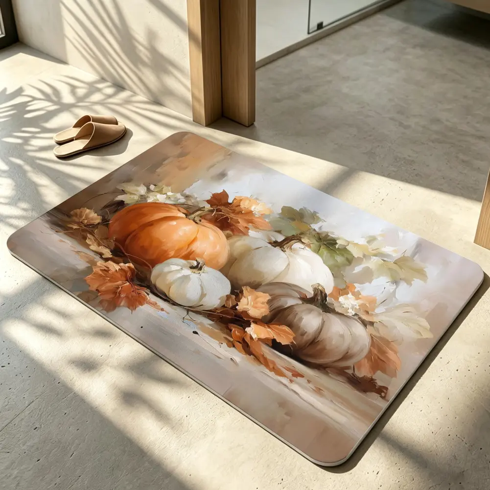 Pumpkins Fall Leaves Arranged Door Mat Impressionist Oil Painting Cozy Autumn Indoor Outdoor Non Slip Welcome Floor Mat Washable Entryway Carpet Aesthetic Kitchen Decor Warm Leaf And Pumpkin Still Life Thick Rubber Backing Weatherproof Porch Mat