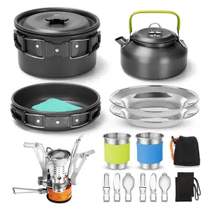 Camping Cookware Set, 18pcs/set Non-stick Lightweight Cookware Set, Including Pot, Frying Pan, Kettle, Stove, Stainless Steel Cup, Plate, Cutlery, Camping & Hiking Accessories, Outdoor Cooking Supplies, Outdoor Cooking System