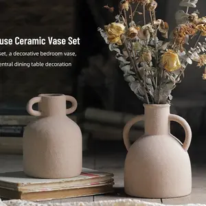 2 brown ceramic vases, 2 handles, Bohemian Vases Modern Farmhouse vases Pottery decorative vases, home decor, table, living room decor, shelf decor, mantel