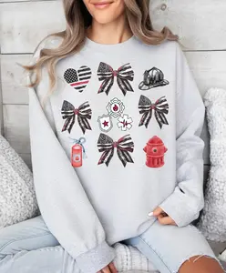 Distressed American Flag Bow Firefighter Inspired Graphic Sweatshirt Warm Casual Hero Tribute Pullover