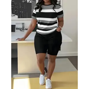 Fashionable Striped Print Round Neck Short Sleeve Top And Letter Print Shorts Casual 2pcs Summer Outfit