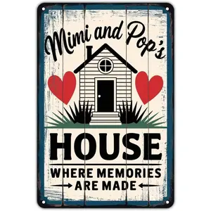 Mimi and Papa's House Tin Sign - Vintage Family Home Metal Sign, "Where Memories Are Made," 8x12 inch, Wall Art Decor for Garage, Bar, Pub, Kitchen, Garden, Farmhouse