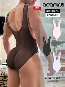 3-Pack Men's Sheer Sexy Bodysuit Underwear, Ice Silk High Elastic No Trace for Dating Party Home Wear, Unique Fitted Style