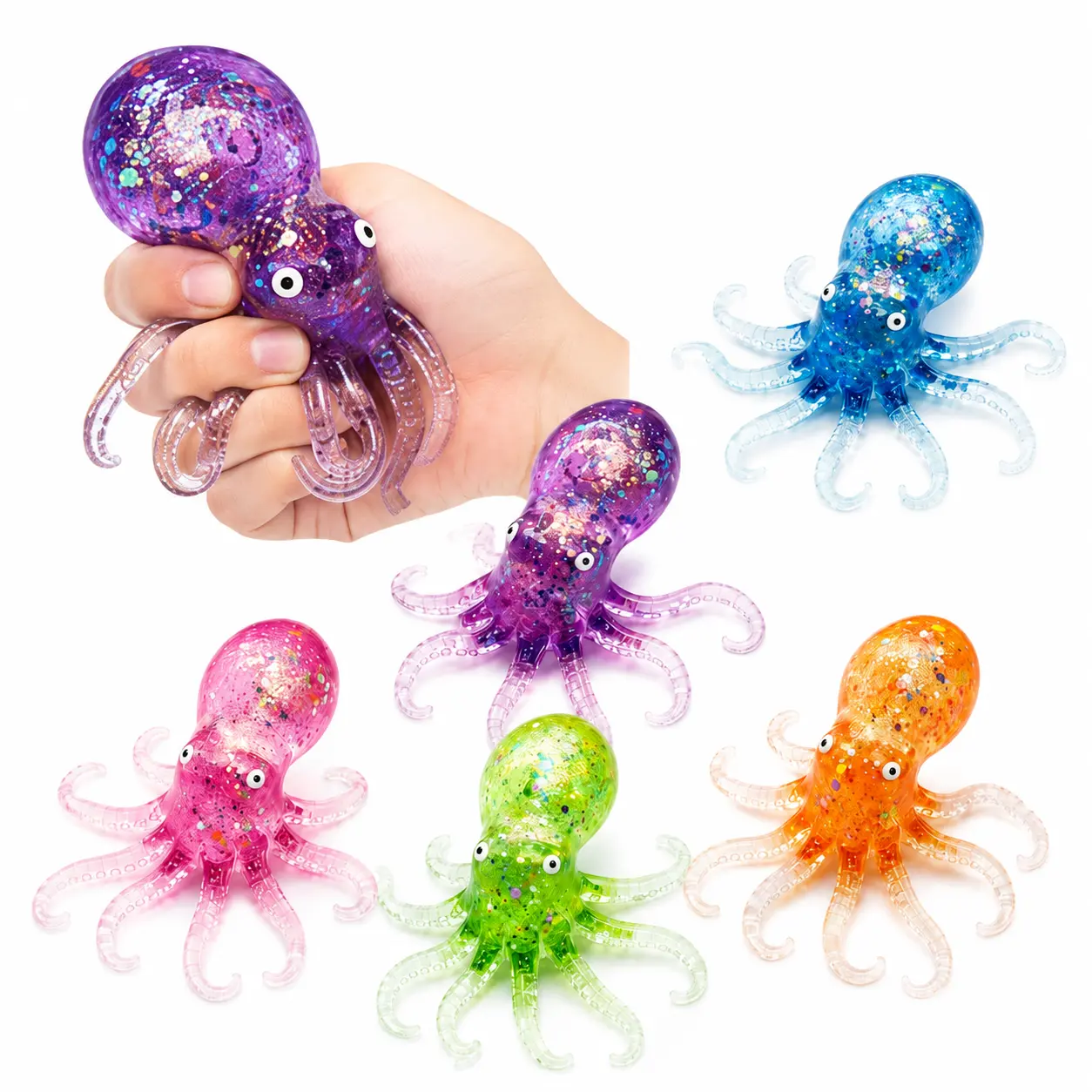 Glitter Octopus Squishy Stress Ball - Soft Sparkly TPR Unisex Fidget Toy, Stretchable Anxiety Relief, Cute Fidgets for Sensory Room, Thoughtful Gifts Party Favor