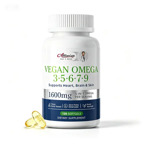 Alliwise Vegan Omega 3 5 6 7 9 Softgels, 1600mg of Complete Omega Fatty Acids Complex, Plant Based DHA EPA Supplement for Heart Brain & Skin Health, Non GMO Gluten, Fish Oil Alternative, 120 Softgels fitness wellness