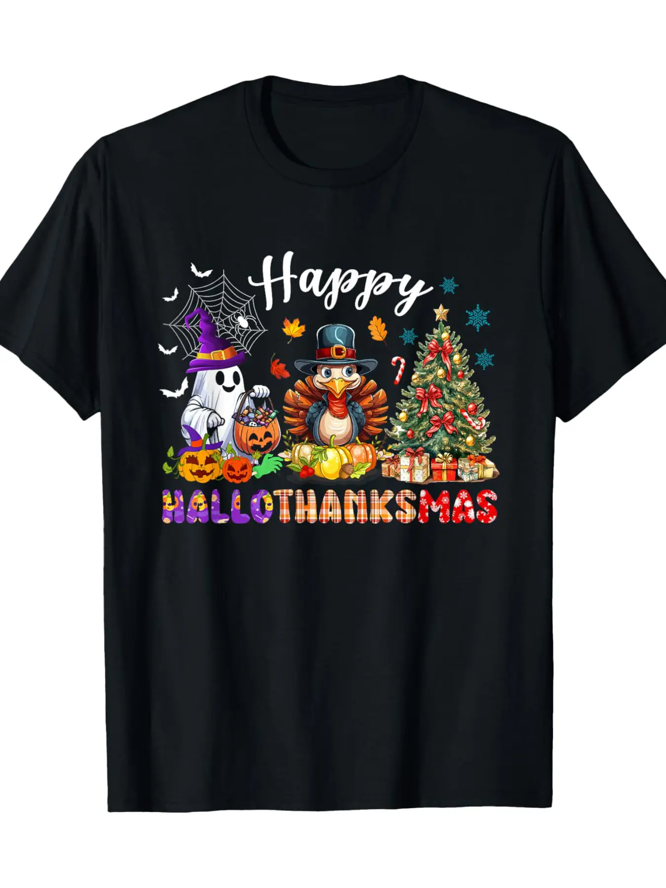 Men's Funny Full-Body Print Happy Hallothanksmas T unisex soft cotton short sleeve t shirt, vintage graphic casual tee for men women teens, perfect birthday holiday gift for camping travel gym daily street  wear