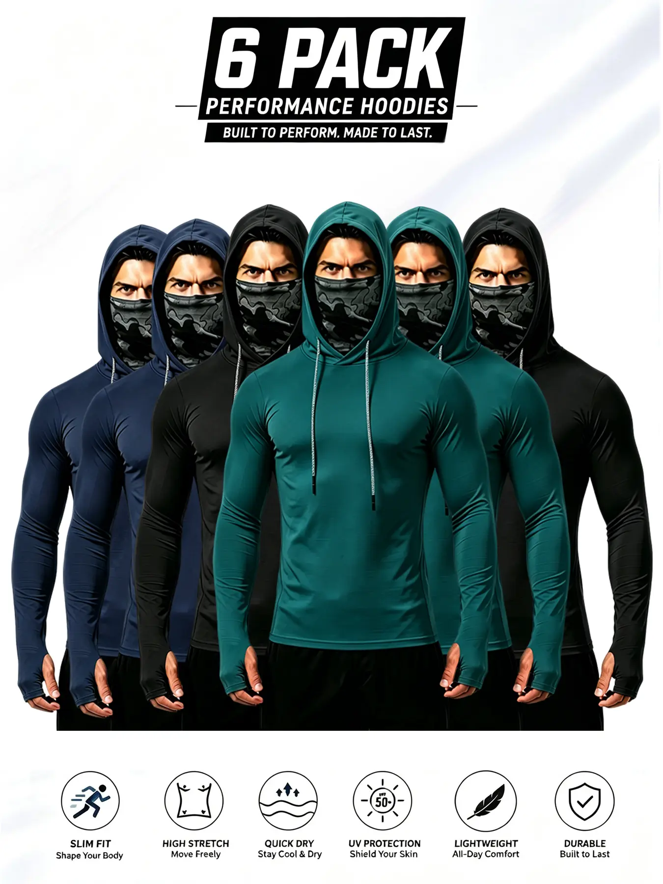6 Pack Men UPF Sun Protection Compression Hooded Shirts, Quick Dry Breathable Long Sleeve Athletic Tops with Attached Face Mask, Lightweight Cooling Performance Activewear for Fishing Construction Outdoor Work Fitted Sportswear