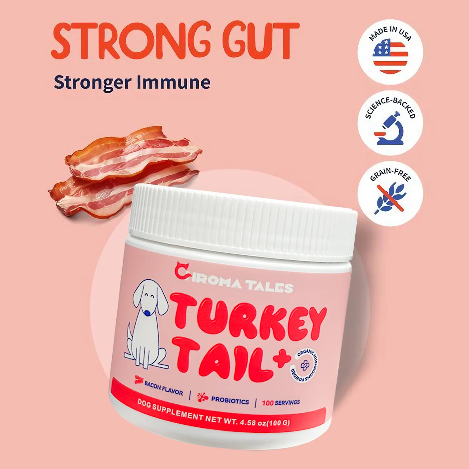 Turkey Tail Dog Food Topper - Bacon Flavor, Probiotic Boost, 100 Servings, Immunity Aid, Natural Lipoma Management, Digestive Remedy, Allergy Relief Bulk Pack Supplement