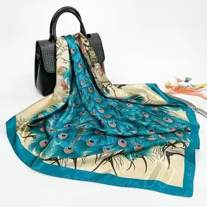 Women’s faux silk scarf/headscarf with peacock print; beach headscarf; soft and elegant; suitable for all seasons; multifunctional large square headscarf (90 cm × 90 cm); a perfect accessory—ideal as a headscarf or headband, especially for enhancing overa