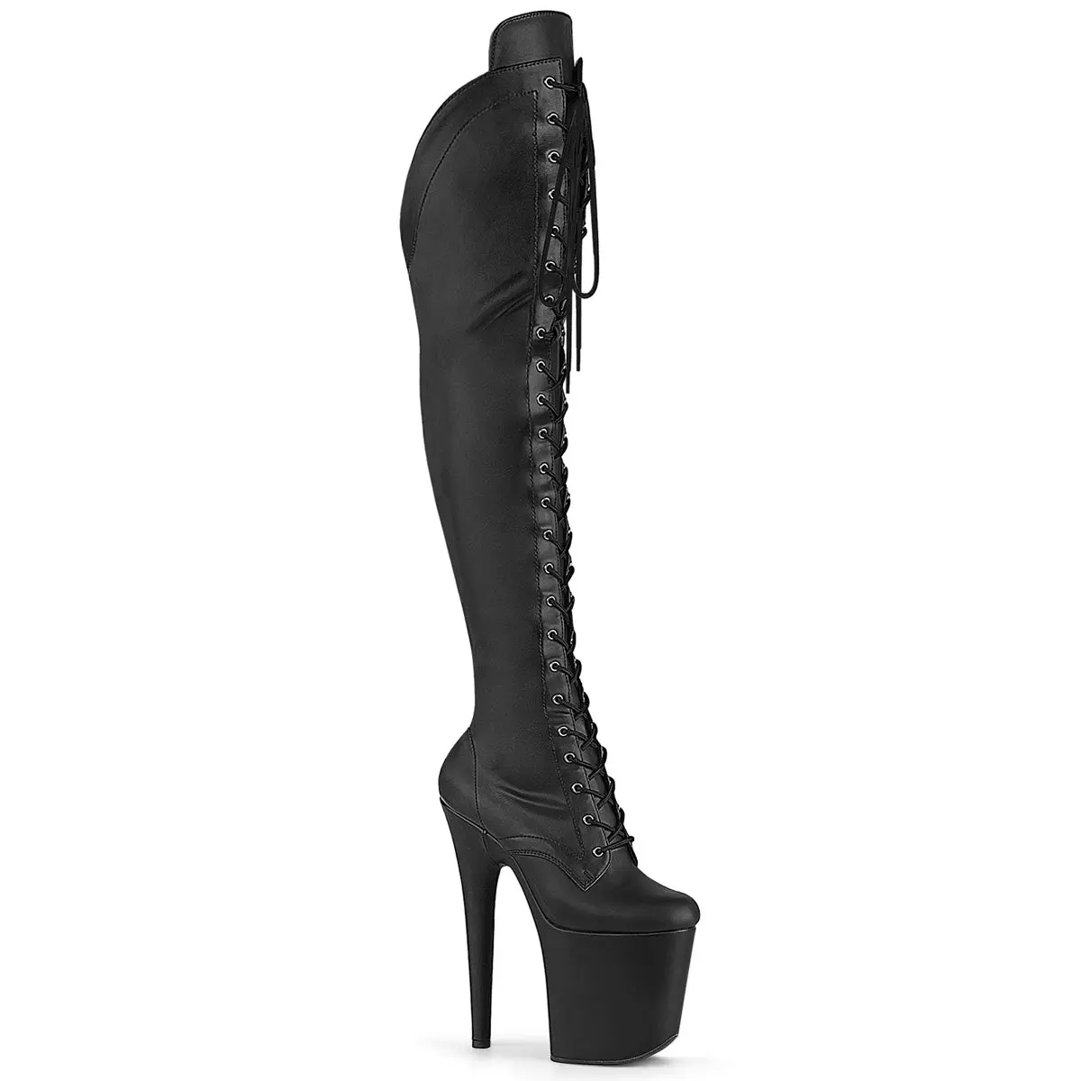Pleaser 3014 Women's Over-the-Knee Platform Lace-Up Boot - Black Stretch Faux Leather Footwear with Lace Details, Zip Closure Side