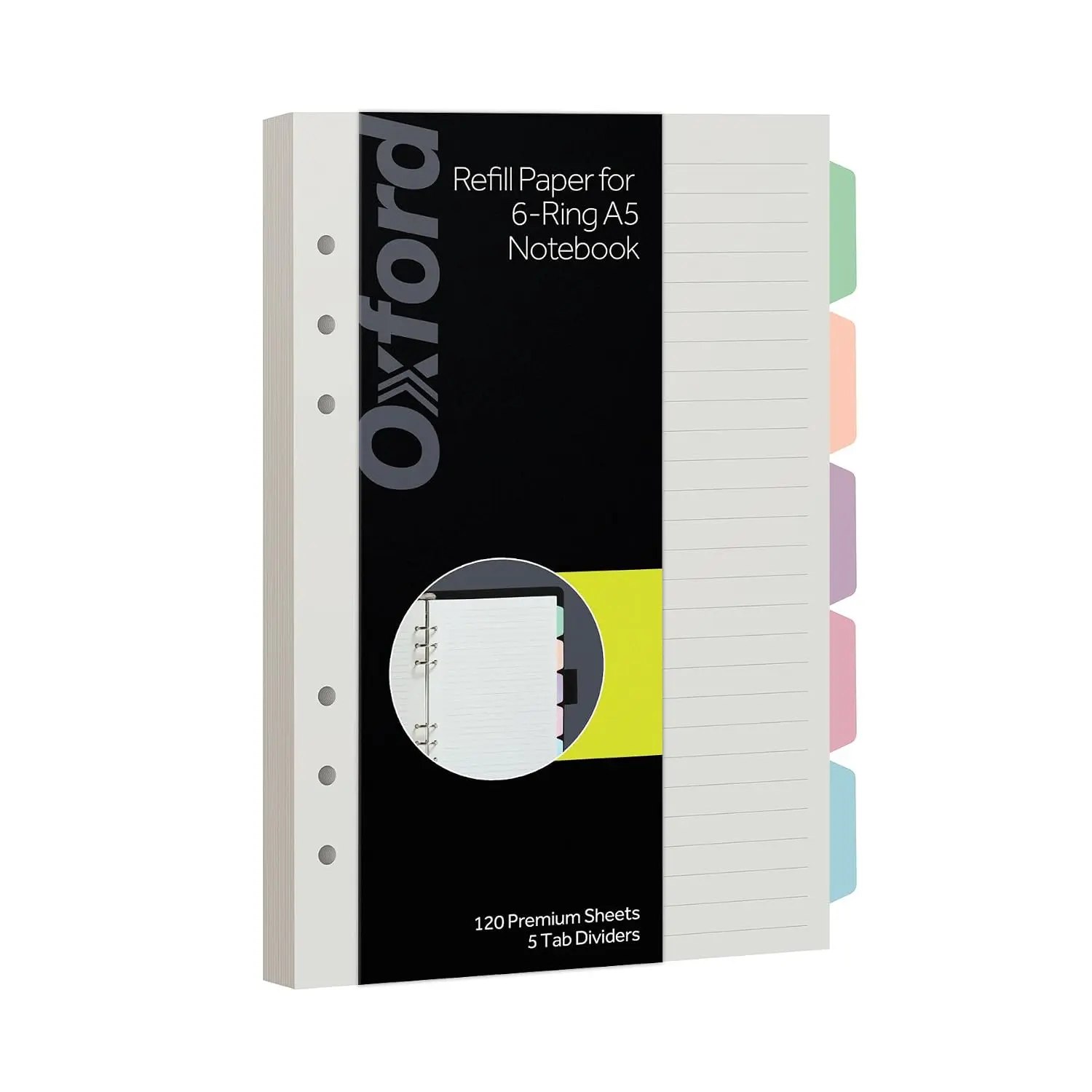 Oxford A5 Refill Paper, 6 Ring Lined Paper with Pastel Binder Dividers, 5 Tabs, 120 Sheets, 6 x 8.25 Inches, Notebook, Bullet Journal and Planner Inserts (1016731)