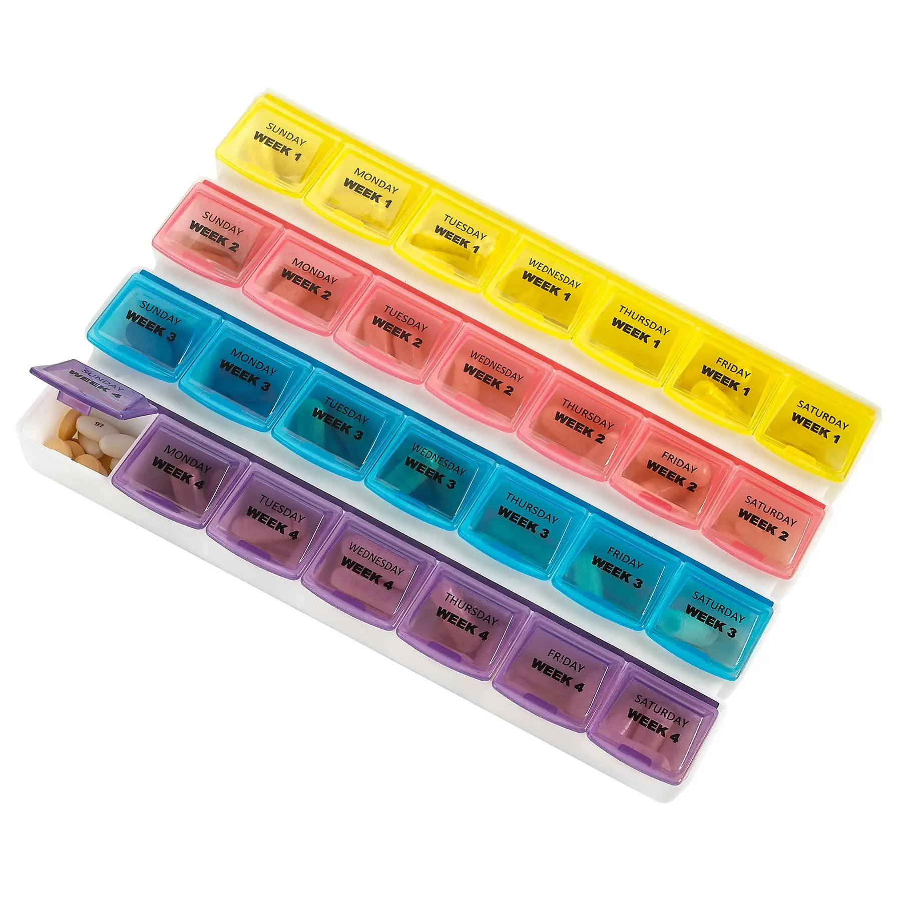 28-Day Pill Organizer - Weekly and Daily Planner for Vitamins & Supplements, Travel-Friendly, Large Compartments, Easy-to-Use