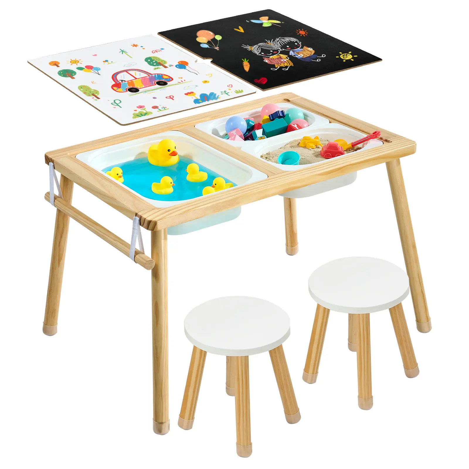 VEVOR Sensory Table for Toddlers, Wooden Kids Activity Table with 2 Stools, Double-Sided Board, Storage Bins, and Non-Slip Feet, for Boys and Girls Playing Sand and Water, Drawing, Studying, Dining#BacktoSchool