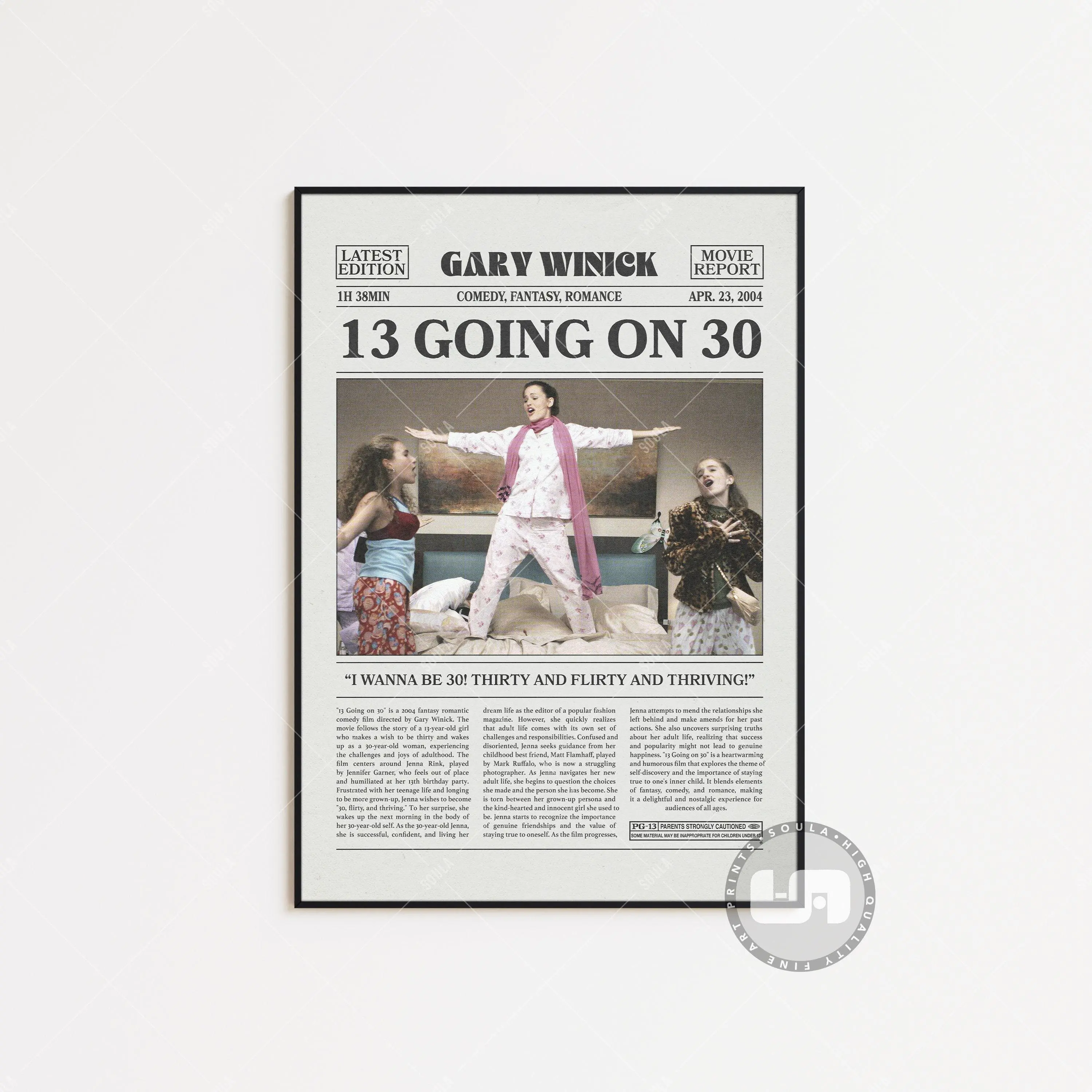 13 Going on 30, Gary Winick, Retro Newspaper Movie Poster No Frame, Black White Wall Art, Vintage Retro Art Print