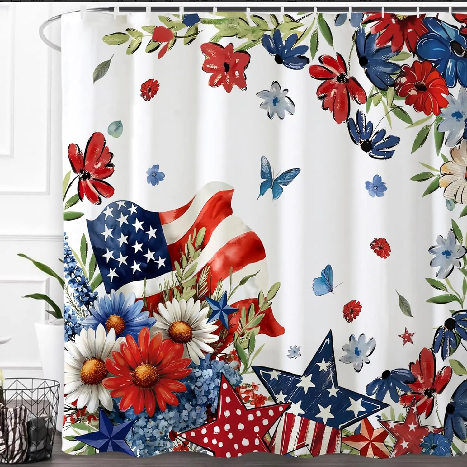 Patriotic Floral Plastic Shower Curtain - God Bless America 4th of July Bathroom Decor, Waterproof 1-Piece Polyester Plastic Bath Curtain with Hooks for Memorial Day USA Flag Themed Bathrooms (Multi-Size), One Piece