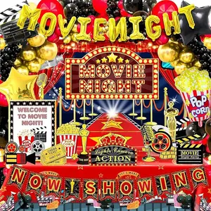 121 count Movie Night Decorations, Movie Theme Party Decorations, Movie Theater Decorations, Backdrop, Banners, Cardstocks, Tablecloth, Popcorn Clapboard Foil Balloons Arch for Movie Night Birthday Party