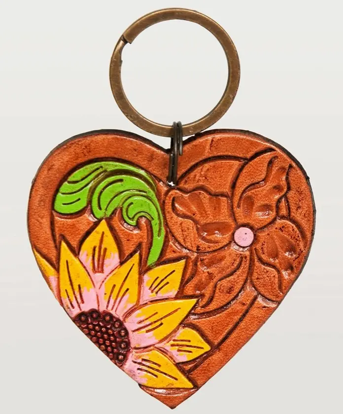 Heart Sunflower Southwestern Wester Hand Tooled Carved Genuine Leather Keyring Accessory