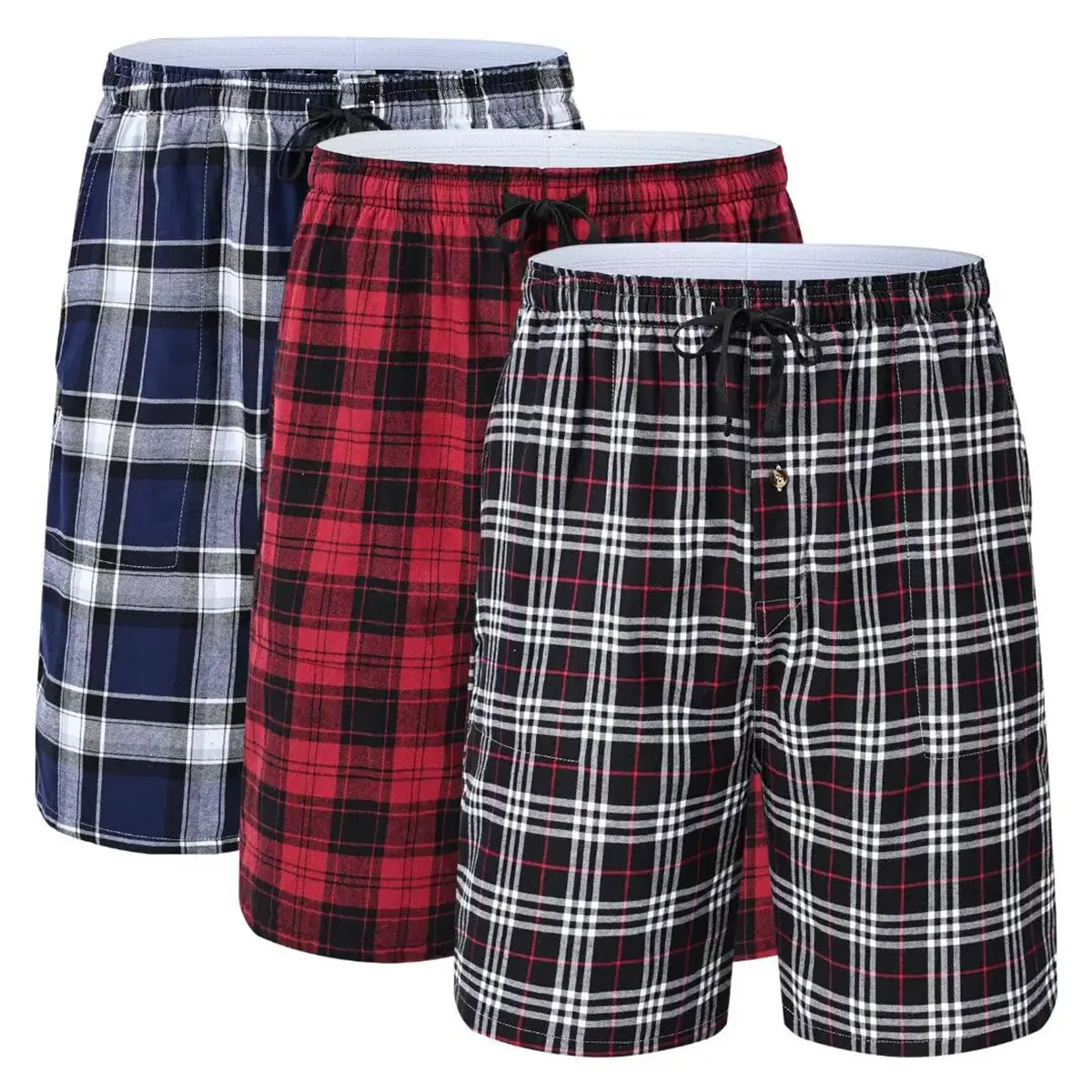 Men's 3-Pack Summer Woven Pajama Short Cotton Plaid Sleepwear Shorts Button Open Fly with Pockets Loungewear Fabric#Summervibes