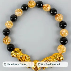 Natural Citrine & Black Obsidian Double Pixiu Feng Shui Bracelet 18K Gold Vermeil Abundance Charm One Size Fits All