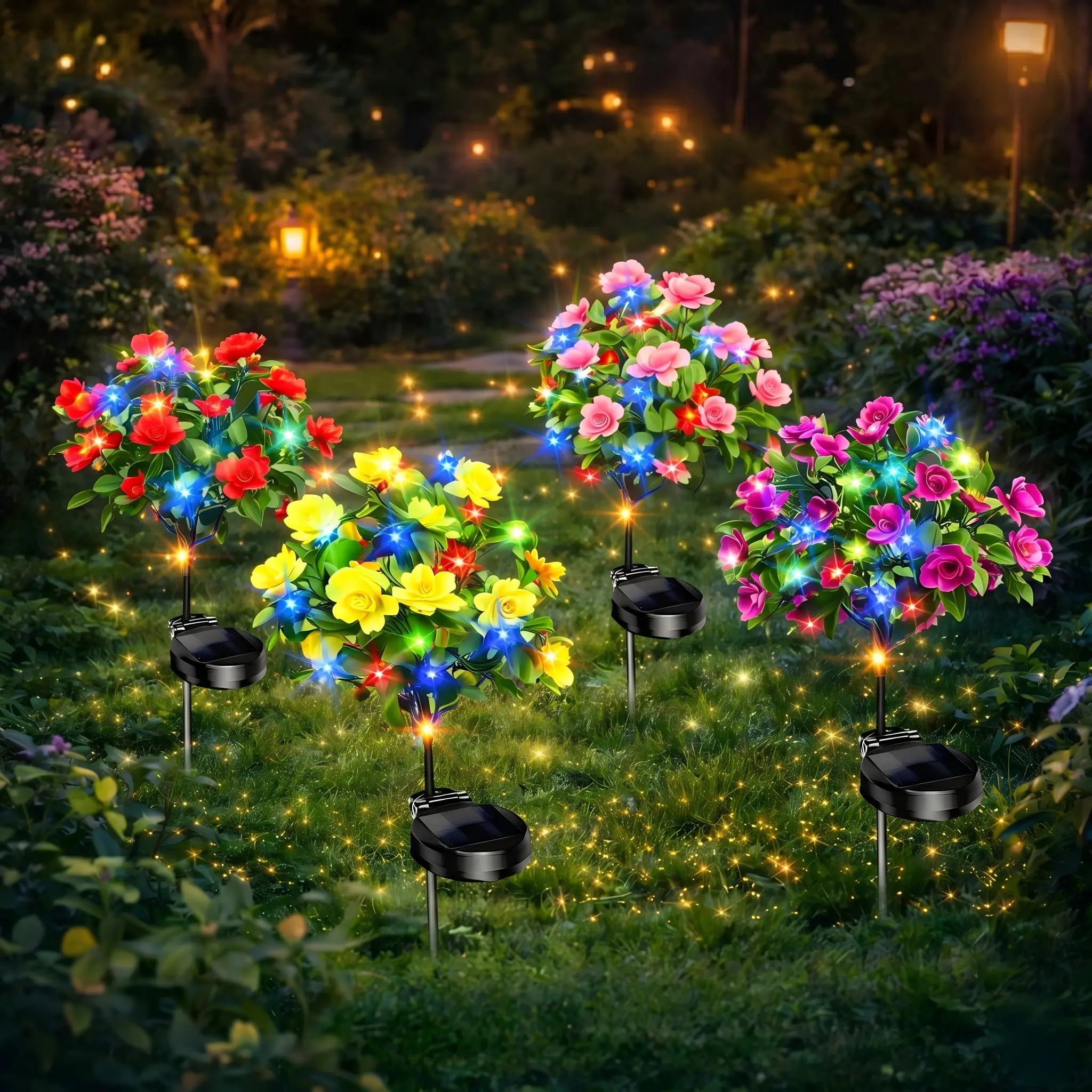 EVEDIOR 4-Pack Solar Lights for Mothers Waterproof Azalea Flower Outdoor Garden Decorations Independence Day Solar-Powered Easy Install