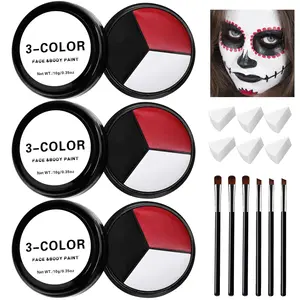 3 Set Black White Green Face body Paint,3 Colors Witch Makeup Kit with Sponge and Brush,Halloween Formula Face Paint for Party Special Effect Makeup Cosplay Costume