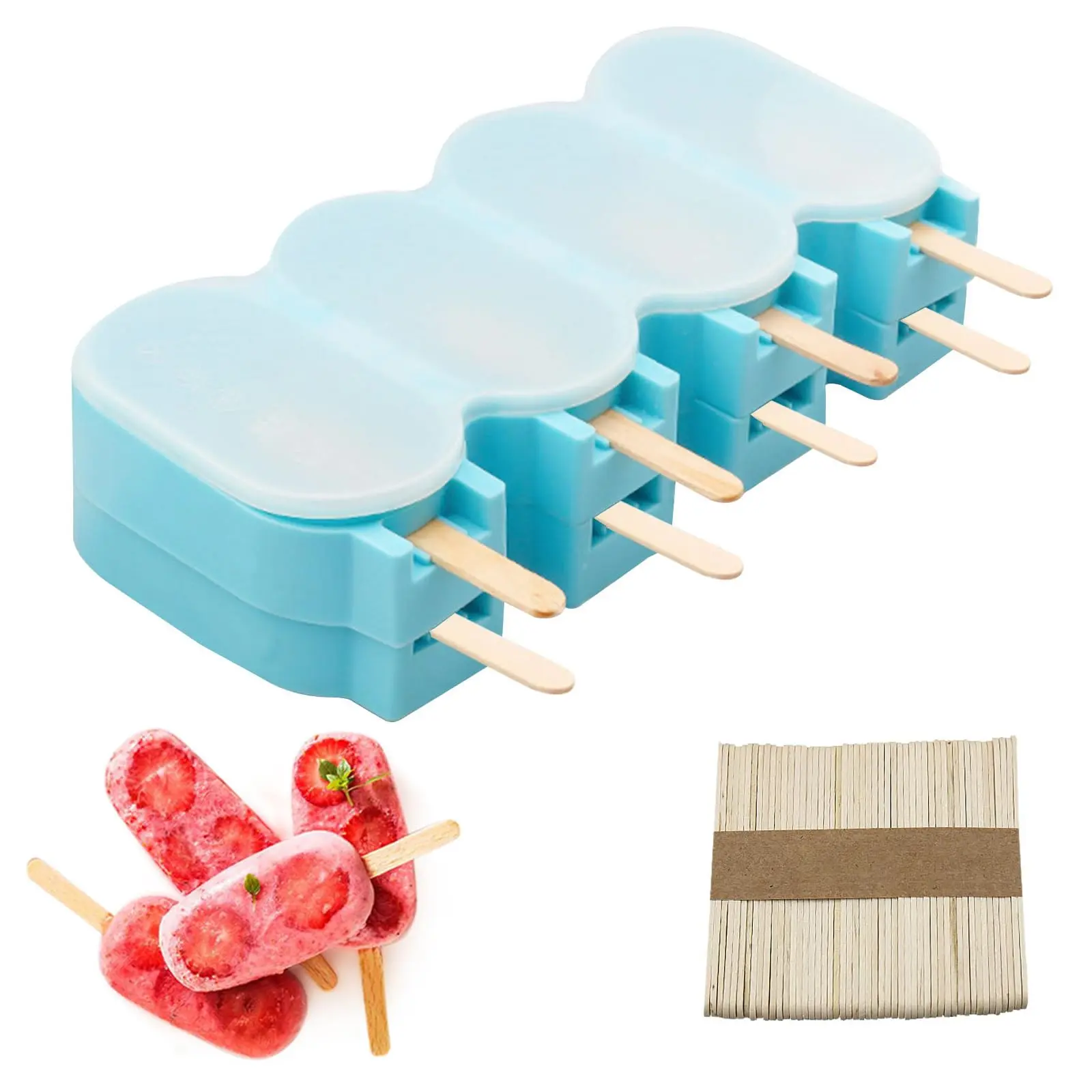 2-Pack Popsicle Silicone Molds with Lids – Reusable Ice Cream, Cakesicle & Ice Lolly Maker Molds with 50 Wooden Sticks for DIY Kitchen Baking