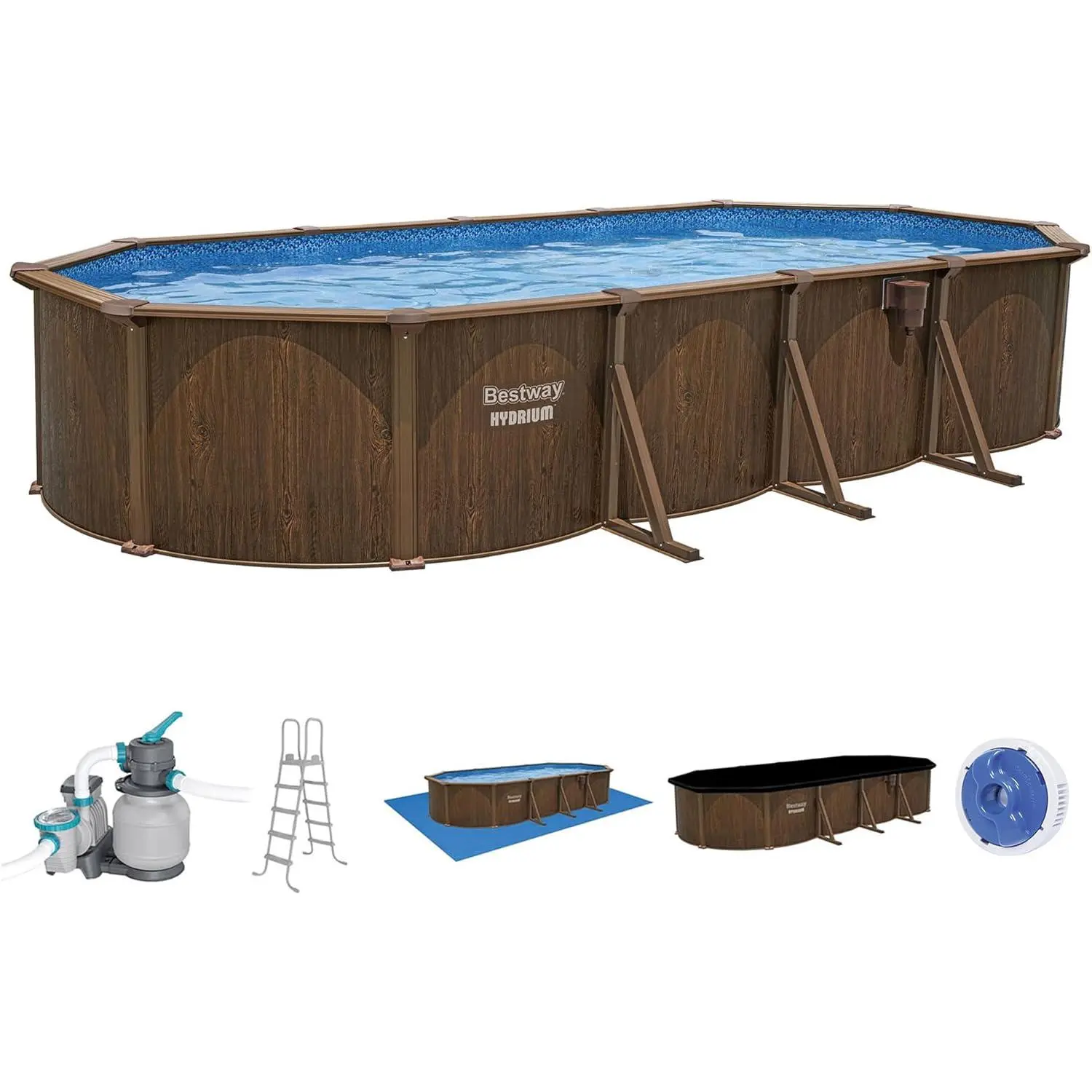 Bestway Hydrium 24' x 12' x 52" Above Ground Pool, Oval Steel Side Wall Frame Outdoor Swimming Pool Set with Sand Filter Pump, Ladder & Accessories
