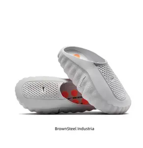 Light Grey Futuristic Mule Slides, Orange Cushioning Sphere Outsole, Perforated Upper, Sports Recovery Tech Slides