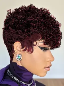 Human Hair Wig Afro Curly Kinky Pixie Cut with Bangs, 180% Density Full Machine Made Wig, Natural Look, Easy Maintenance