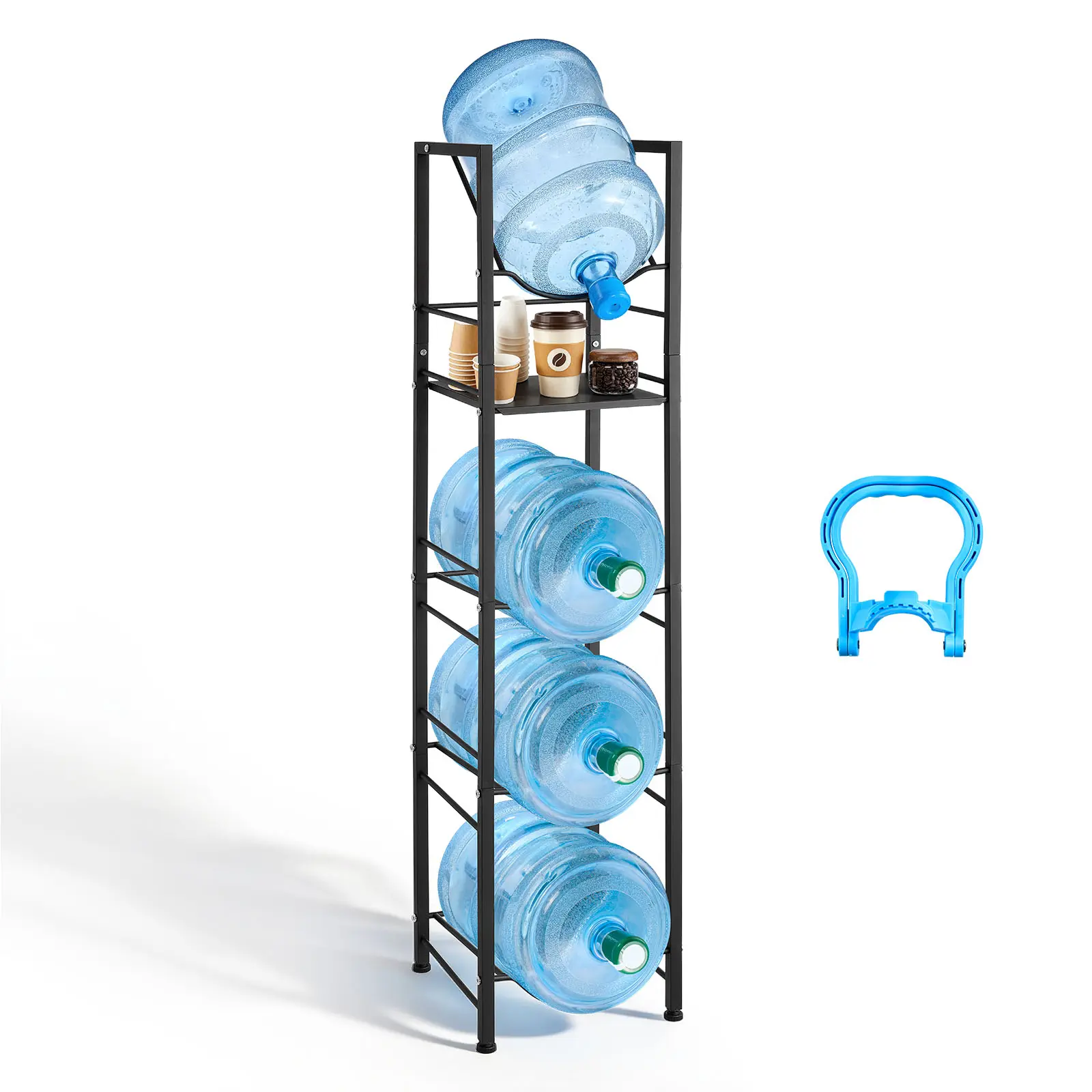 【summerfinds】VEVOR Water Jug Holder, 5 Tiers 3 and 5 Gallon Water Bottle Holder for 4 Bottles, Heavy Duty Jug Rack Organizer with Storage Shelf, Adjustable Feet, and Handle, for Kitchen, Office, Living Room, Black