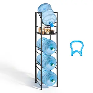 【Spotlight Day】VEVOR Water Jug Holder, 5 Tiers 3 and 5 Gallon Water Bottle Holder for 4 Bottles, Heavy Duty Jug Rack Organizer with Storage Shelf, Adjustable Feet, and Handle, for Kitchen, Office, Living Room, Black