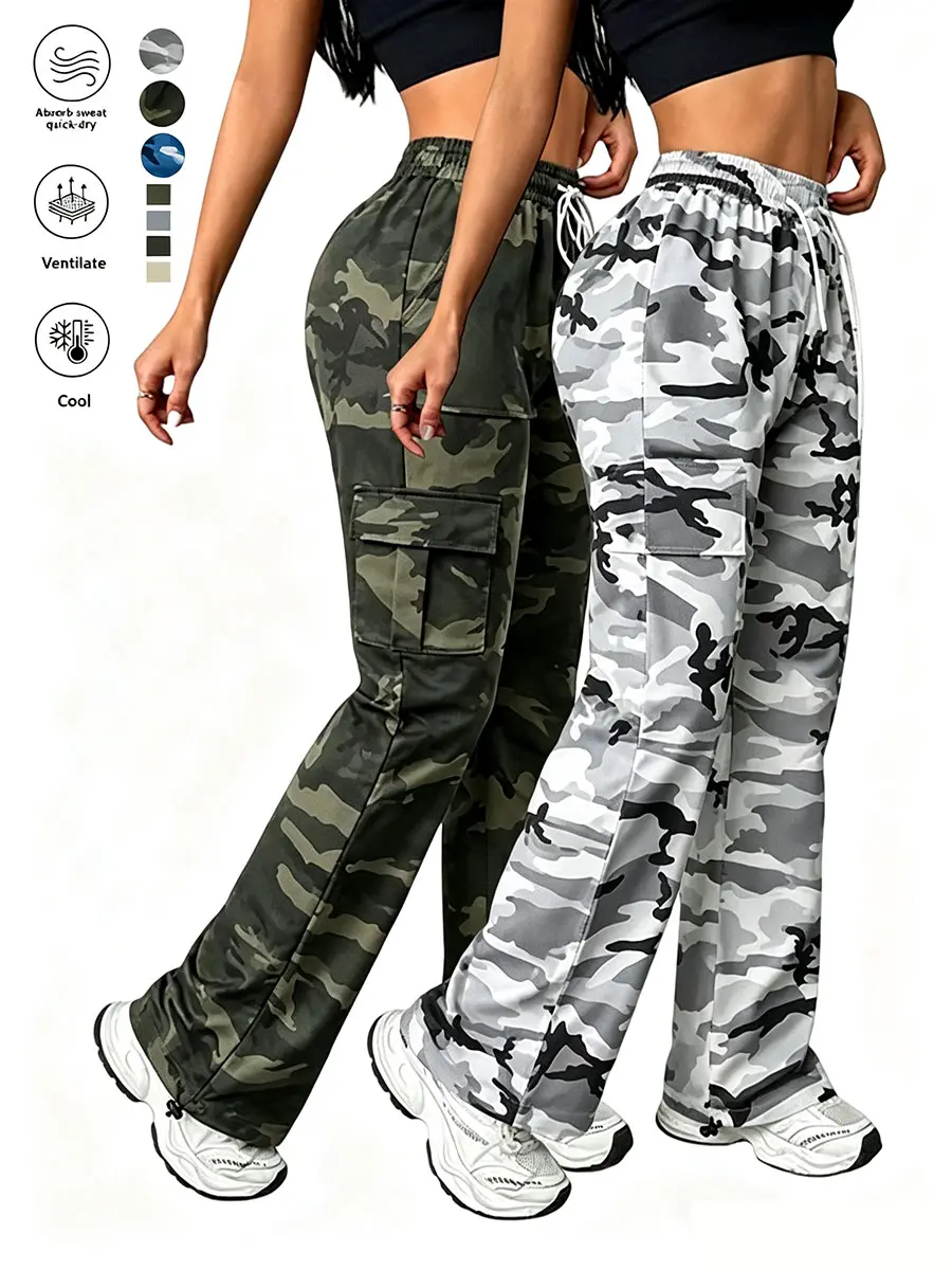 LIFE KEEPS MOVING Women’s Casual Sporty Long Pants 2-Pack, Camouflage Print Cargo Pants, Large Patch Pocket Design, Elastic Waistband with Drawstring, Loose Fit, Suitable for Everyday Outdoor Leisure Activities