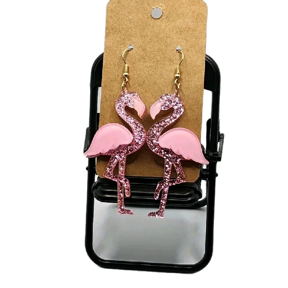 Flamingo Earrings, Glittery Hook Earrings, Lightweight Plastic Quirky Costume Jewelry with Vibrant Design for Casual Attire & Extended Wear
