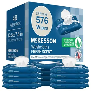 McKesson Washcloth Wipes for Adults, Scented (12 Pack, 576 Washcloths) Disposable Wash Cloths for Body - No-Rinse Formula with Snap Lid - Good for Incontinence and Elderly - 48 Wipes Per Pack