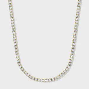 IMPERIUM JEWELRY 14 Karat Gold Plated Tennis Necklace - 3mm Gold Statement Chain, Round Cut, Ice-Look Unisex Costume Jewelry Accessory