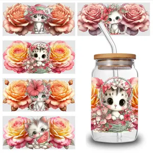 5 Sheets Cute Cat UV DTF Stickers Design UV DTF Cup Packaging Transfer Waterproof Self-Adhesive Paper for 16oz Glass Mug Water Bottle Cup Practical Wrap, 3d Crystal Label Waterproof And Scratch - High Quality