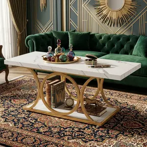 Modern Faux Marble Coffee Table 47.24", 2-Tier Storage Coffee Table with Geometric Metal Support, Heavy Duty Wooden Center Table, Stylish Living Room Household Furniture