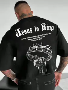 "Jesus is King" Thorn Crown Religious Street T-shirt - Black, Cool Vibe  Gothic Font + Book of Revelation Scriptures, Heavy Cotton Fabric, Loose Drop Shoulders. A must-have for lovers of dark high street and religious styles. # Dark High Street Style