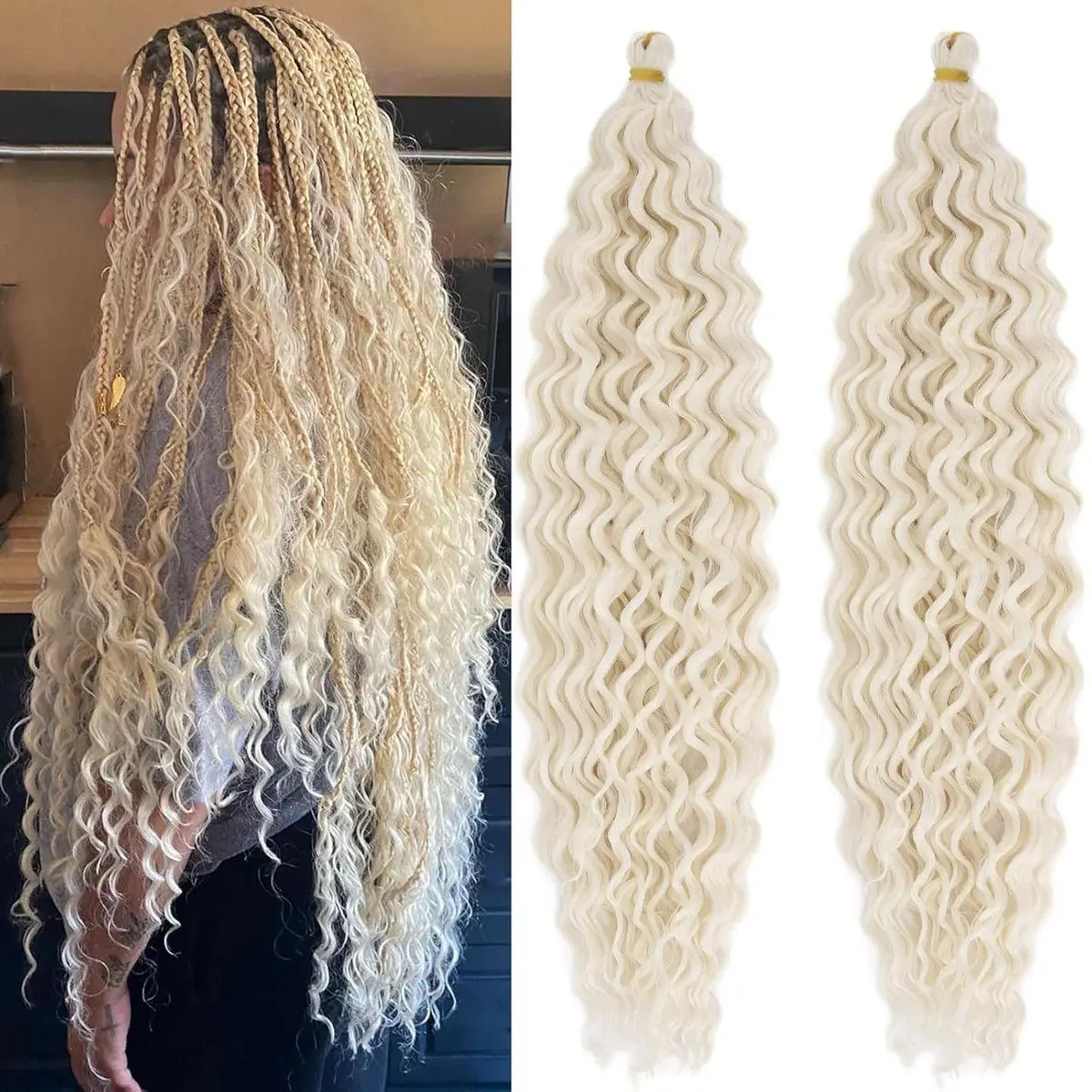 Deep Ocean Wave Wavy Braiding Hair Blonde Curly Ocean Deep Wave Crochet Hair 613 Boho Hair for Braiding 24 inch 2 Packs Boho Curls Braids Extensions