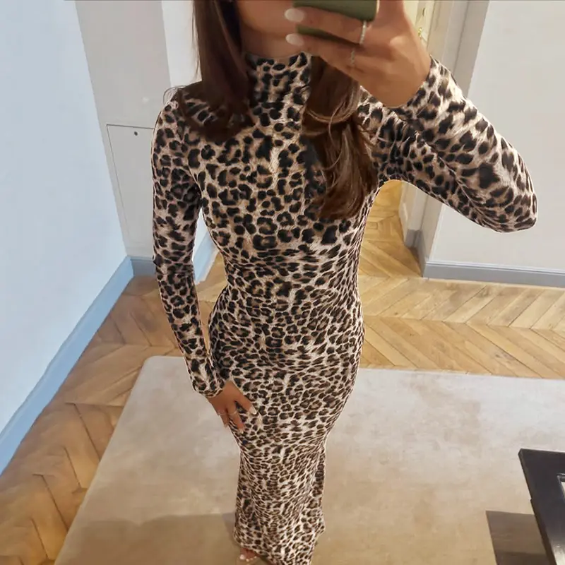 Leopard Print Turtleneck Long Sleeve Mermaid Maxi Dress 2025 Fall New Slim  Fit Bodycon Retro Animal Print Long Dress to Night Club Dating Party  Vacation Outfit Dresses - TikTok Shop