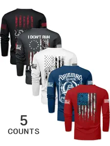 Men's 5-Piece Crew Neck Flag Print Long Sleeve T-Shirt Set, Casual Fitted Breathable Fabric, Ideal for Spring & Fall Outdoor Sports, Athletic Sports Clothing