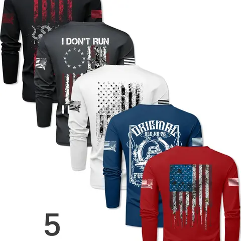 Men's 5-Piece Crew Neck Flag Print Long Sleeve T-Shirt Set, Casual Fitted Breathable Fabric, Ideal for Spring & Fall Outdoor Sports, Athletic Sports Clothing