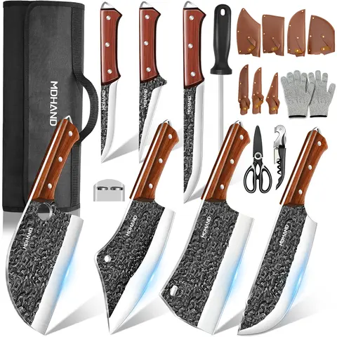 MDHAND 14pcs Striped Ergonomic Knives Utensils Set (Style A) - Hand-Forged High Carbon Stainless Steel, Walnut Grip, 2 Cleavers, 7-inch Boning Tools, 3.5in Divide Slices Tool, Bottle Opener, Cut-Resist Finger-Guard Safety Gloves, Knife Roll Bag