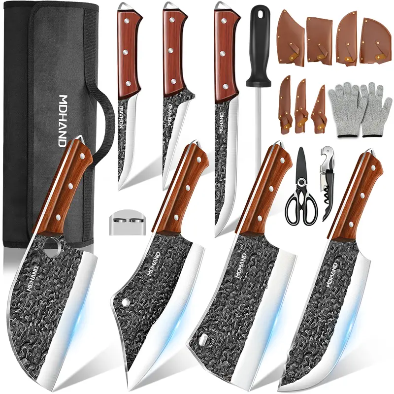 MDHAND 14pcs Striped Ergonomic Knives Utensils Set (Style A) - Hand-Forged High Carbon Stainless Steel, Walnut Grip, 2 Cleavers, 7-inch Boning Tools, 3.5in Divide Slices Tool, Bottle Opener, Cut-Resist Finger-Guard Safety Gloves, Knife Roll Bag
