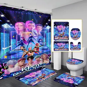 4-Piece Modern Bathroom Curtain Set, Colorful Background Shower Curtains, Includes 12 Hooks, Non-Slip Toilet Mat & U-Shaped Seat Cover
