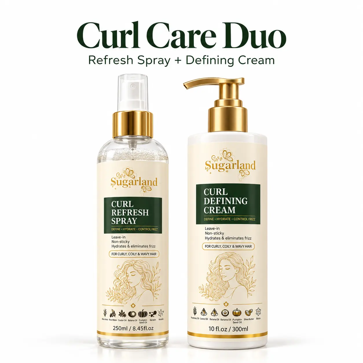 Sugarland Curl Care Duo: Curl Defining Cream + Leave-in Refresh Spray, Frizz Control & Hydrating for Curly, Coily & Wavy Hair, Rosemary Rice Water & Batana Oil