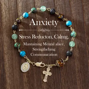 1pc Prosperity & Wealth Stretchable Jewelry - 6mm Tiger Eye & Turquoise Beads Virgin Mary & Cross Charm Rosario Bracelet, For Men & Women, Attracts Wealth & Good Luck Natural Gemstones Mental Health Support